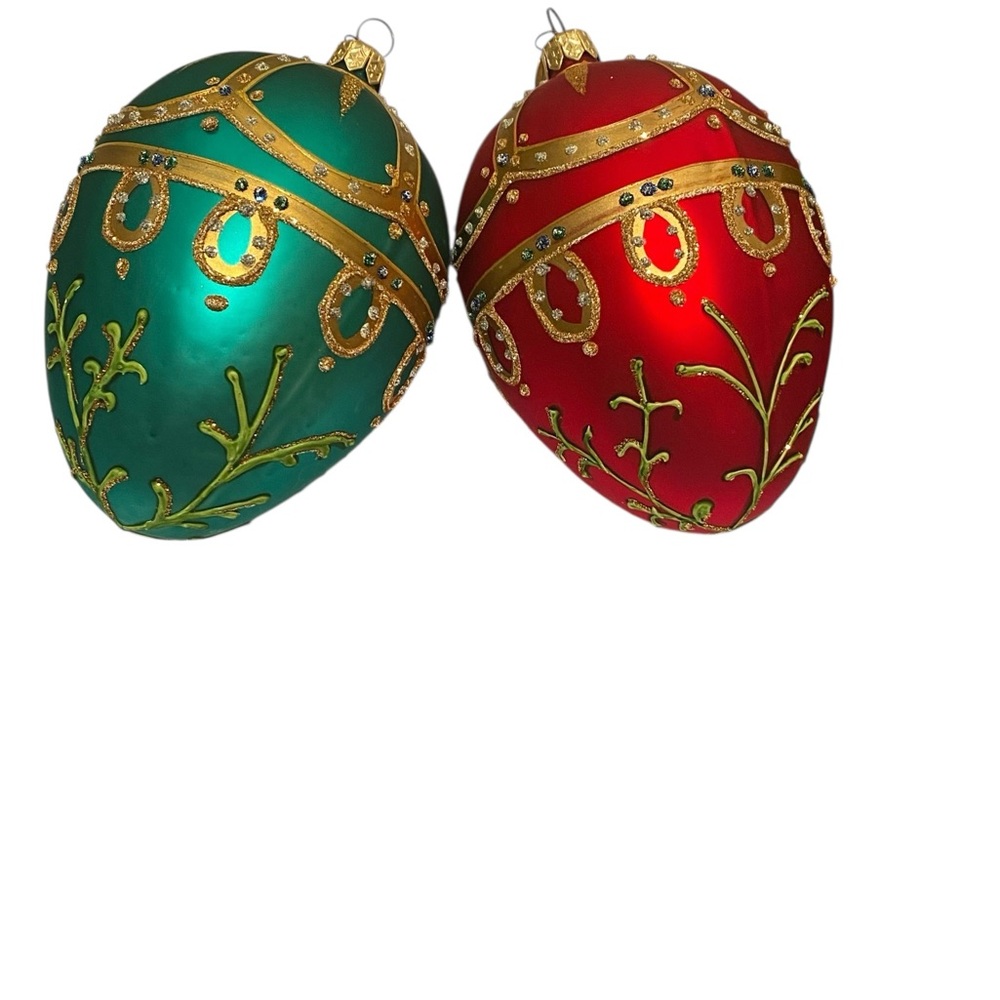 Elegant Red and Green Holiday Egg Shaped Ornaments